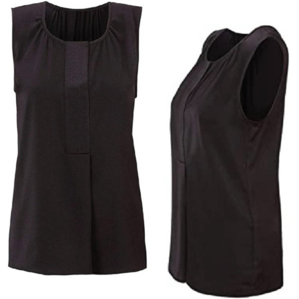 CAbi 5540 Black Sleeveless Snap Close Top with grosgrain ribbon detail, L